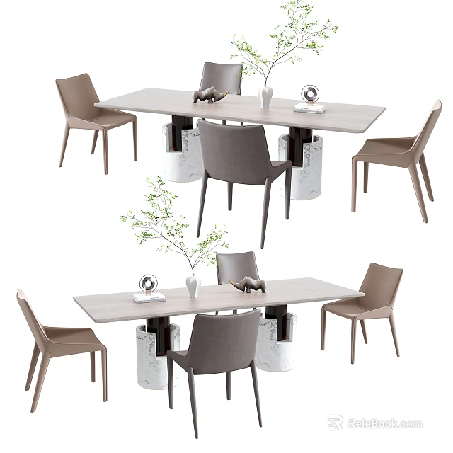 Modern Dining Table Set With Minimalist Chairs And Decorative Green Plants 3d model