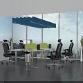 Contemporary Office Desk With Black Office Chair Green Partition Floor To Ceiling Window City View