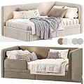 Cozy Kids Bed With Upholstered Headboard Multiple Pillows And Soft Blanket In Beige White Tones