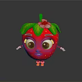 Cartoon Strawberry Character with Big Eyes Arms Legs Green Leaves and White Flower Cute Design