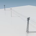 Industrial Electricity Pylons With Power Lines Against Blue Sky And Reflective Ground