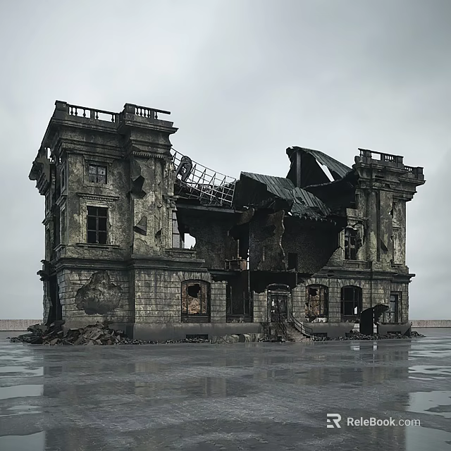 Dilapidated Historic Building With Damaged Walls Collapsed Roof And Broken Windows 3d model 