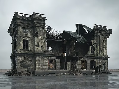 Dilapidated Historic Building With Damaged Walls Collapsed Roof And Broken Windows 3d model