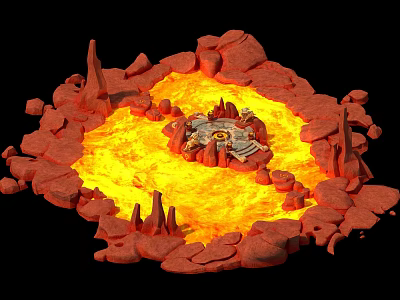 Volcanic Landscape Featuring Lava Pool Red Rocks and Central Island Structures 3d model