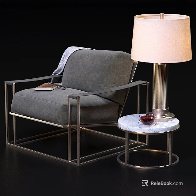 Modern Accent Chair with Gray Fabric Metal Frame Throw Blanket and Marble Side Table Lamp 3d model 