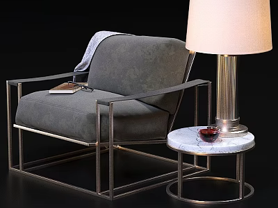 Modern Accent Chair with Gray Fabric Metal Frame Throw Blanket and Marble Side Table Lamp 3d model