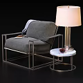 Modern Accent Chair with Gray Fabric Metal Frame Throw Blanket and Marble Side Table Lamp