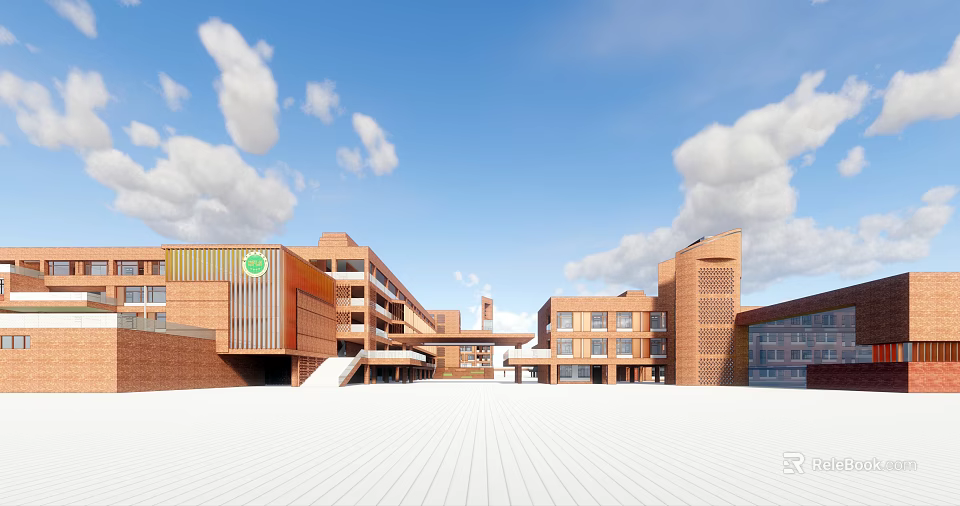 Red Brick Modern School Buildings With Classroom Structures Open Plaza Blue Sky And White Clouds 3d model 