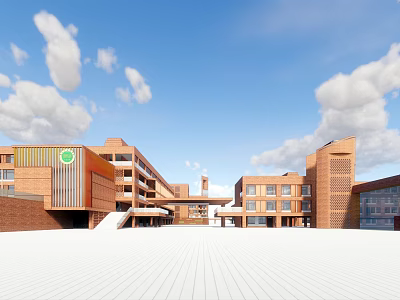 Red Brick Modern School Buildings With Classroom Structures Open Plaza Blue Sky And White Clouds 3d model