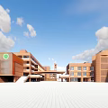 Red Brick Modern School Buildings With Classroom Structures Open Plaza Blue Sky And White Clouds