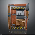 Wooden Door With Red Panels Yellow Stripes Metal Hinges And Blue Tape