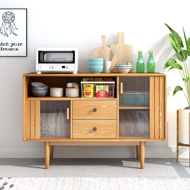 Modern Wooden Sideboard With Glass Doors Drawers Microwave Dishes And Potted Plant 3d model 