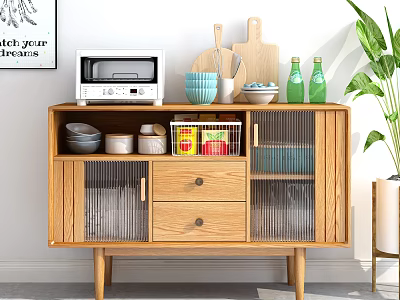 Modern Wooden Sideboard With Glass Doors Drawers Microwave Dishes And Potted Plant 3d model