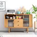 Modern Wooden Sideboard With Glass Doors Drawers Microwave Dishes And Potted Plant