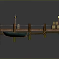 Rustic Wooden Dock With Lamp Posts Ropes Crate And Small Rowboat 3d model