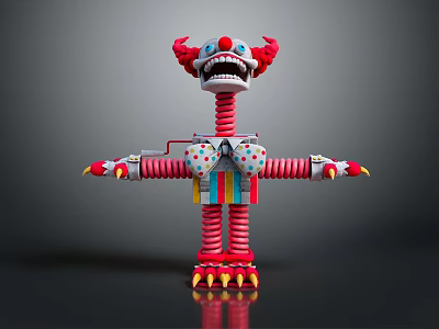Red Clown Character With Spring Arms Legs Yellow Claws And Polka Dot Bowtie 3d model