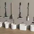 Practical Bathroom Accessories With Hanging Cleaning Tools And White Basins 3d model
