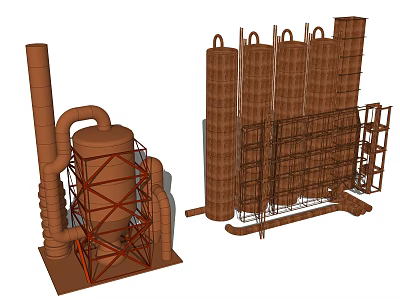 Industrial Equipment 3D Model Featuring Large Cylindrical Towers Metal Frames And Pipes 3d model