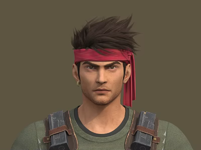 Adventurous Character With Brown Spiky Hair Red Bandana Green T-Shirt And Shoulder Gear 3d model