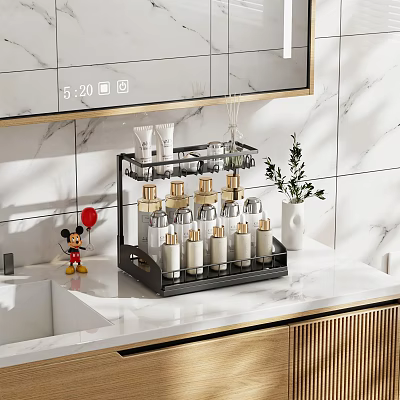 Modern Bathroom Set With Black Storage Rack Toiletries And Green Plant On Marble Countertop 3d model