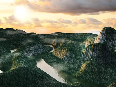 Scenic Garden Landscape With Lush Green Mountains Flowing River And Cloudy Sky At Sunset 3d model