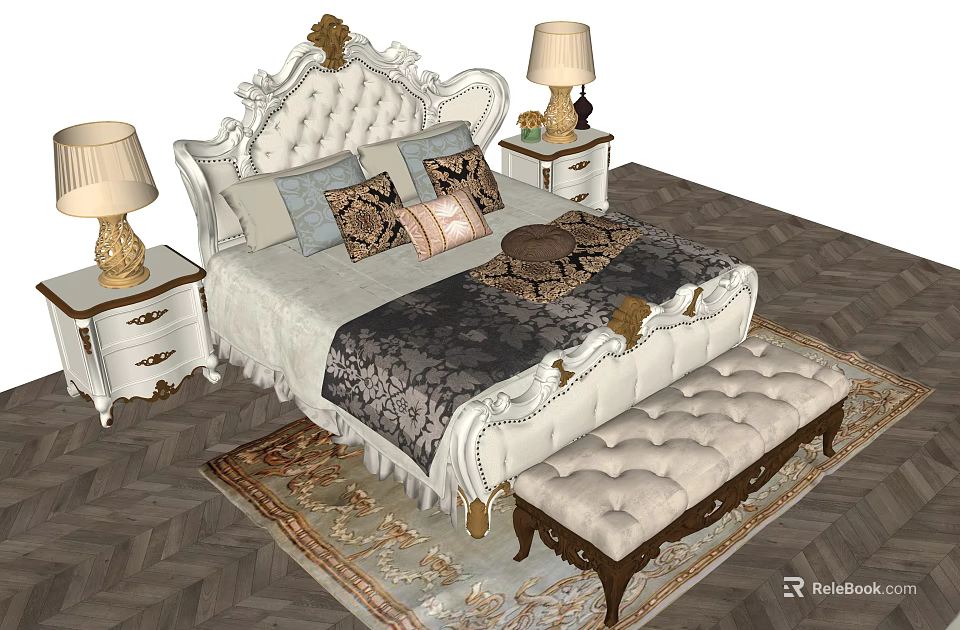 Luxurious Double Bed With Carved Headboard Pillows Table Lamps Nightstands Bench And Rug 3d model 