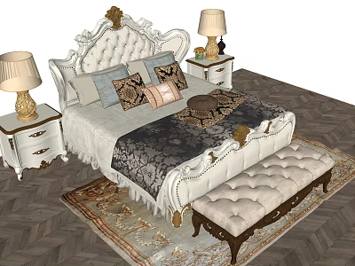 Luxurious Double Bed With Carved Headboard Pillows Table Lamps Nightstands Bench And Rug 3d model
