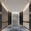 Modern Elevator Hallway Design With Marble Flooring Ceiling Lights And Decorative Walls 3d model