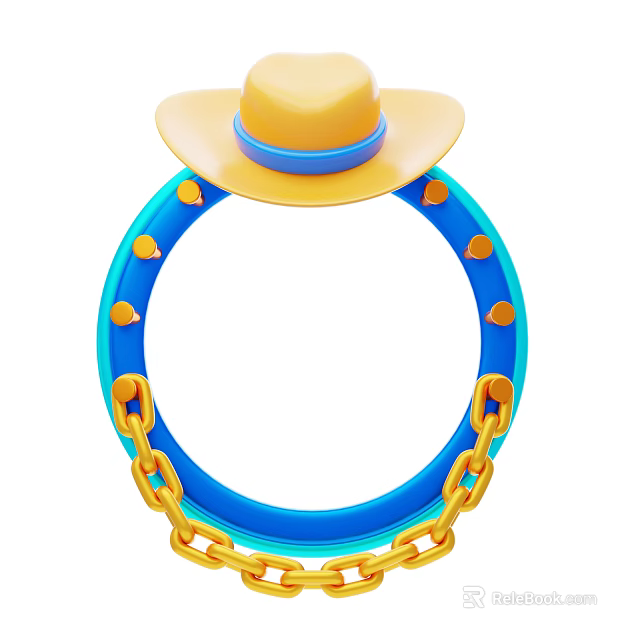 Decorative Ornament Set With Blue Circular Ring Yellow Studs Chains And Hat 3d model 