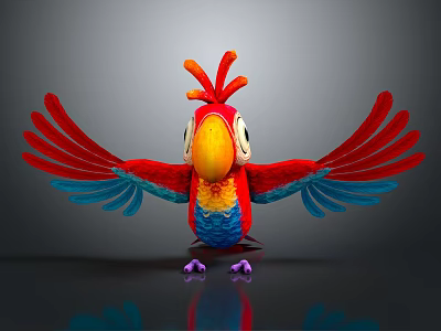 Colorful 3D Parrot with Red Wings Blue Feathers Yellow Beak and Orange Crest 3d model