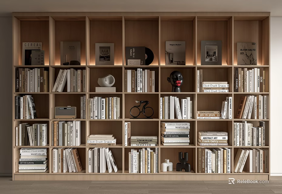 Modern Wooden Bookcase With Open Shelves Filled With Books And Decorations 3d model 