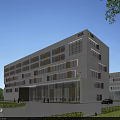 Modern White Office Building With C Logo Large Glass Windows Main Entrance And Landscaped Lawns