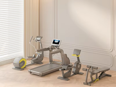 Modern Indoor Home Gym Fitness Equipment Set With Treadmill Elliptical And Exercise Bike 3d model