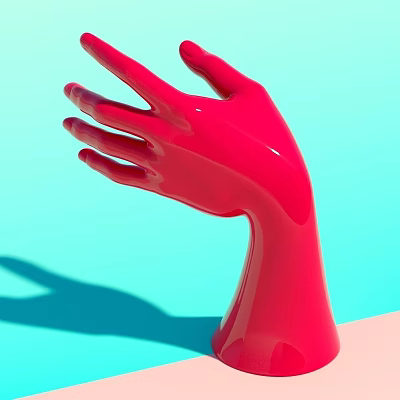 Artistic Red Glossy Hand Sculpture With Blue And Pink Background 3d model