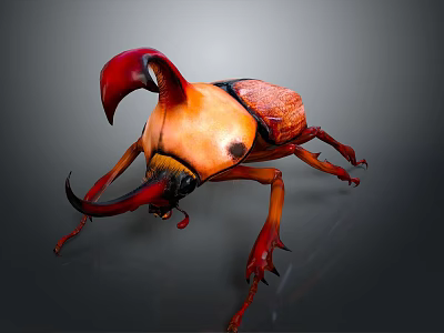 Vibrant Red and Orange Horned Beetle with Curved Horns in 3D Render 3d model