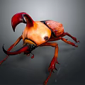 Vibrant Red and Orange Horned Beetle with Curved Horns in 3D Render