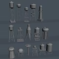 Various Industrial Equipment Including Metal Storage Tanks And Water Tower Structures