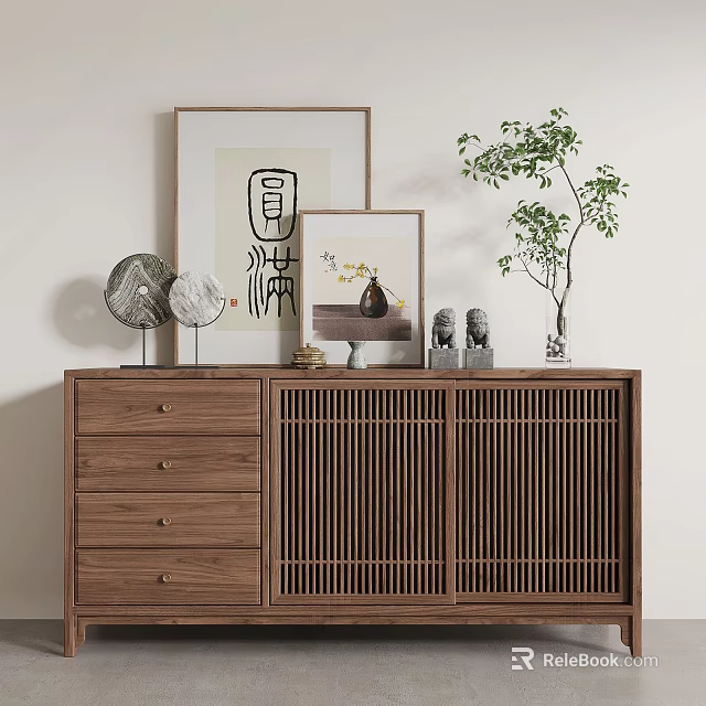Natural Wood Entryway Sideboard Cabinet With Drawers Slatted Doors Decorative Items And Green Plant 3d model 