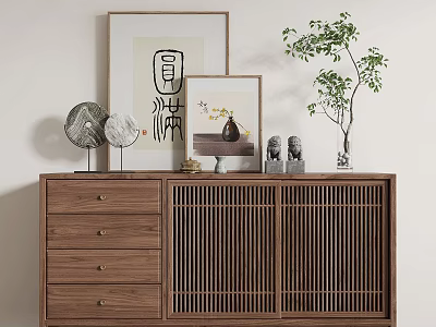 Natural Wood Entryway Sideboard Cabinet With Drawers Slatted Doors Decorative Items And Green Plant 3d model