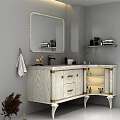 Modern Bathroom Vanity With White Cabinet Gold Handles Mirror And Potted Plant