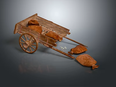 Traditional Wooden Stone Cart With Loaded Bags And Scattered Sacks On Ground 3d model