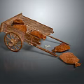 Traditional Wooden Stone Cart With Loaded Bags And Scattered Sacks On Ground