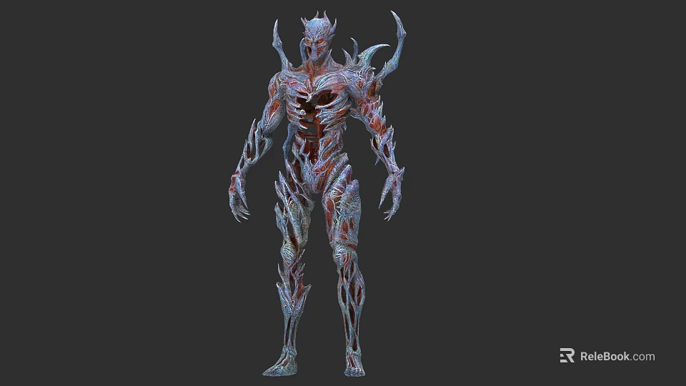 Game And Movie Character With Biomechanical Design Horned Menacing Appearance Red Blue Patterns 3d model 
