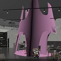Modern Restaurant Interior Design With Dark Ceiling Pink Decorative Structure Dining Tables And Plants 3d model