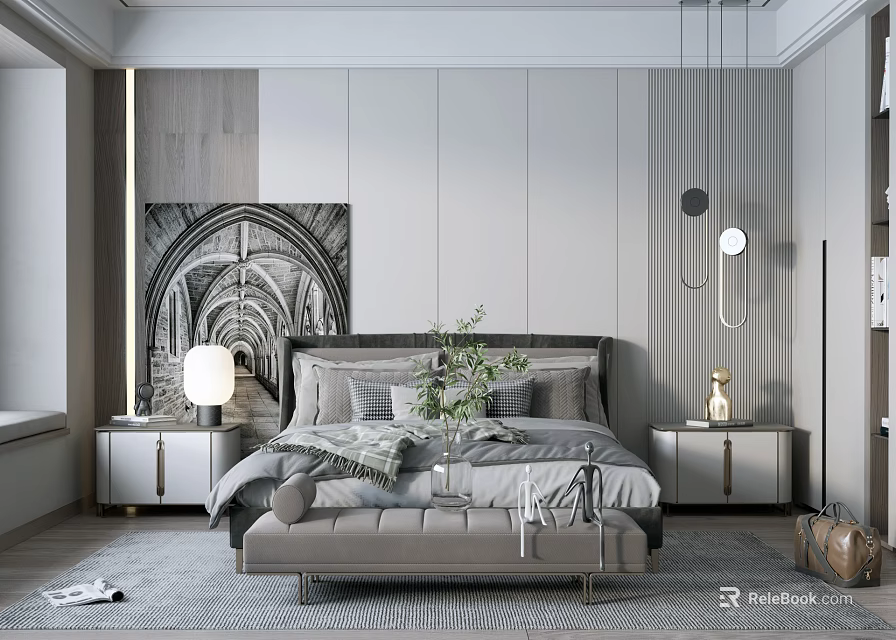 Modern Elegant Bedroom Interior With Architectural Painting Hanging Lamps Nightstands Bench And Rug 3d model 