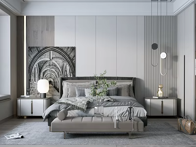 Modern Elegant Bedroom Interior With Architectural Painting Hanging Lamps Nightstands Bench And Rug 3d model