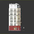 Classic Office Building With Multiple Floors Beige Exterior Red Green Ground Floor Storefronts And Balconies