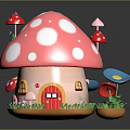 Cartoon Mushroom House Scene With Pink White Spots Red Door Small Window And Flowers