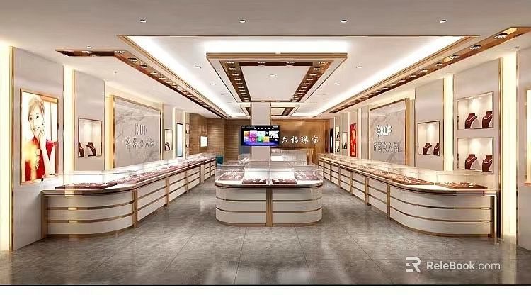 Elegant Luxury Jewelry Store Interior Design With Glass Display Cases And Shiny Counters 3d model 