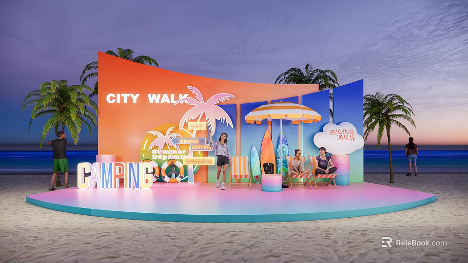 City Walk Camping Themed Photo Spot With Palm Trees Surfboards And Beach Setting 3d model 